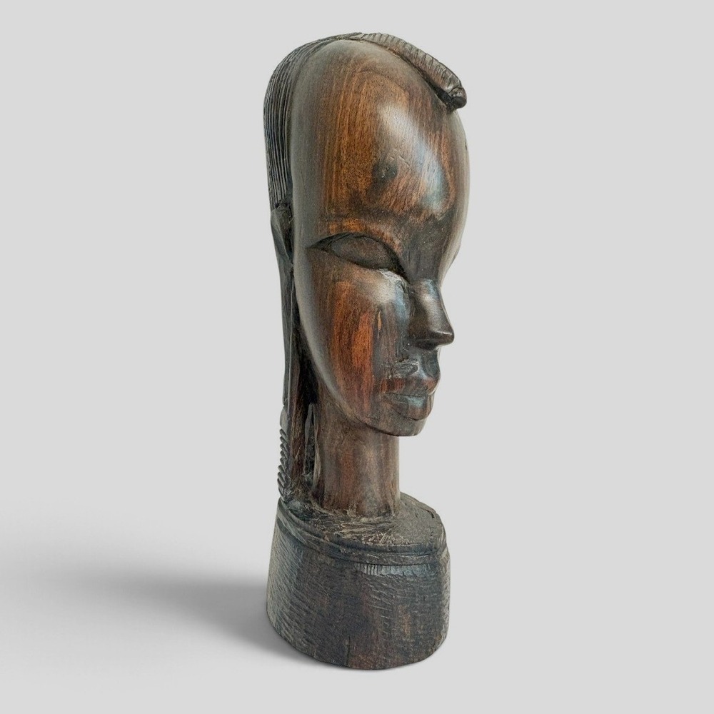 Vintage Hand Carved African Wood Bust Sculpture Female Tribal Art Dark Hardwood